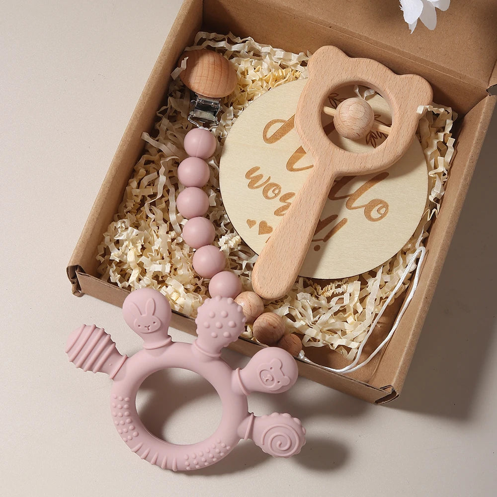 Newborn Baby Gift Set with Teether, Pacifier Chain and Wooden Bear Rat