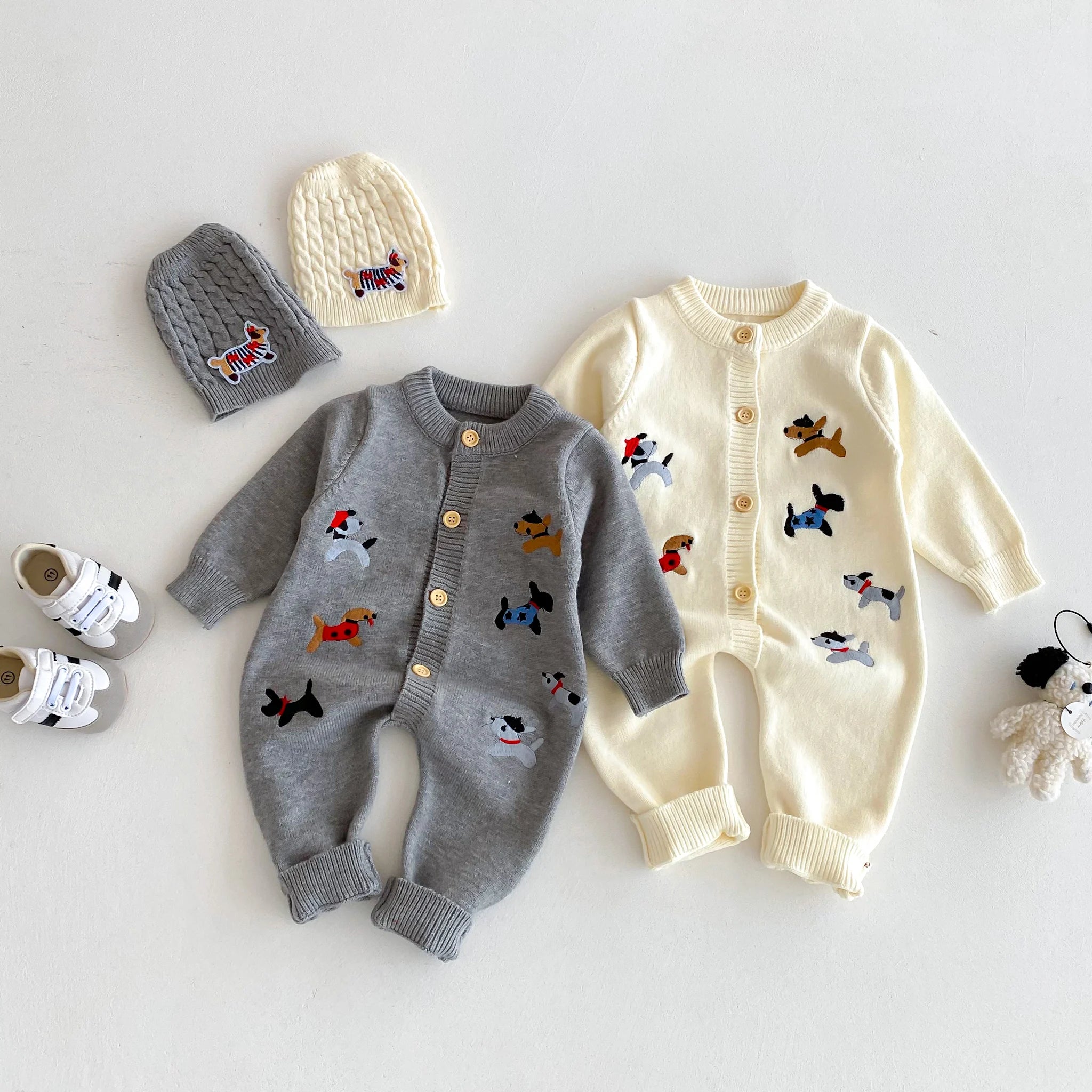 Baby Knitted Romper with Cute Dog Pattern – Autumn Outfit