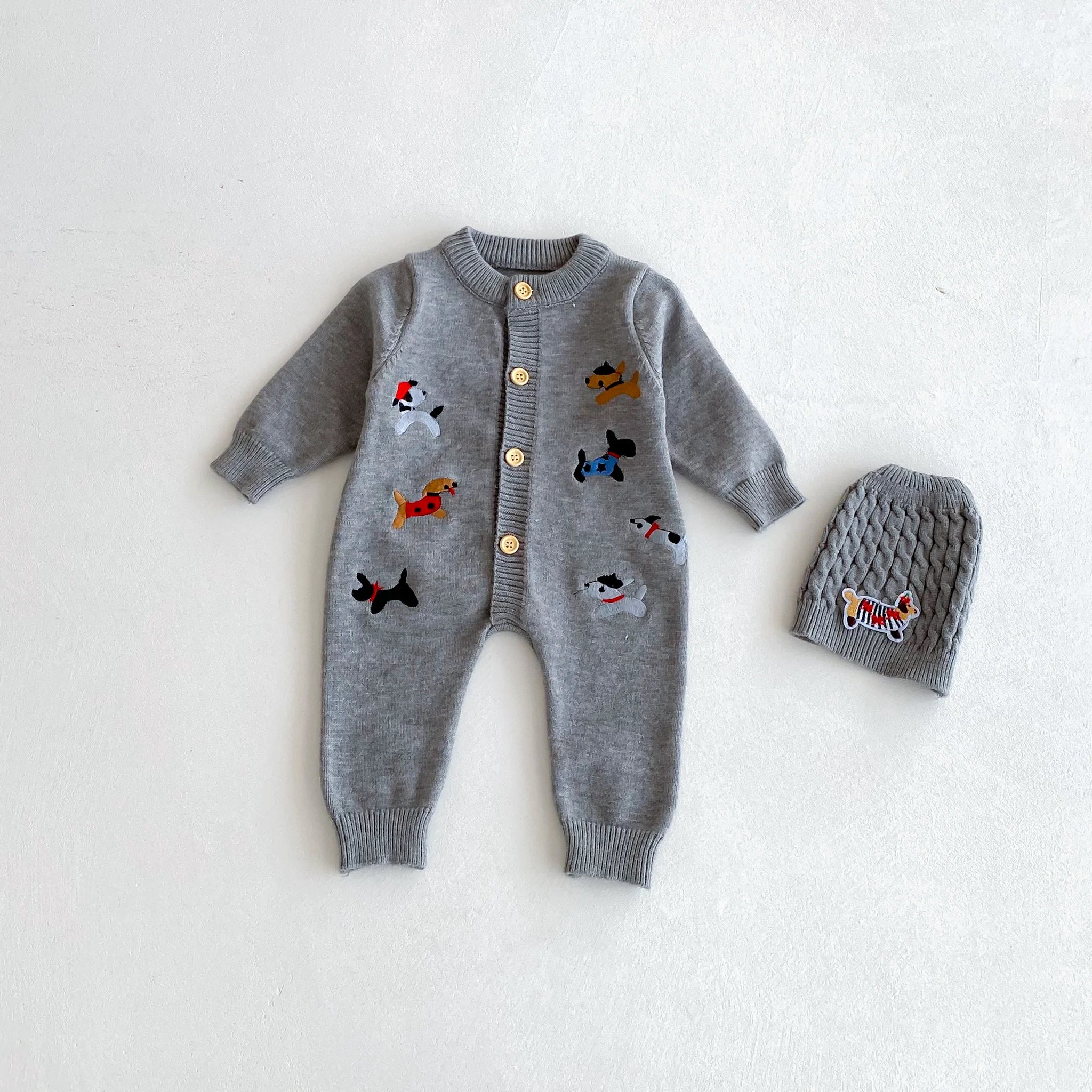 Baby Knitted Romper with Cute Dog Pattern – Autumn Outfit