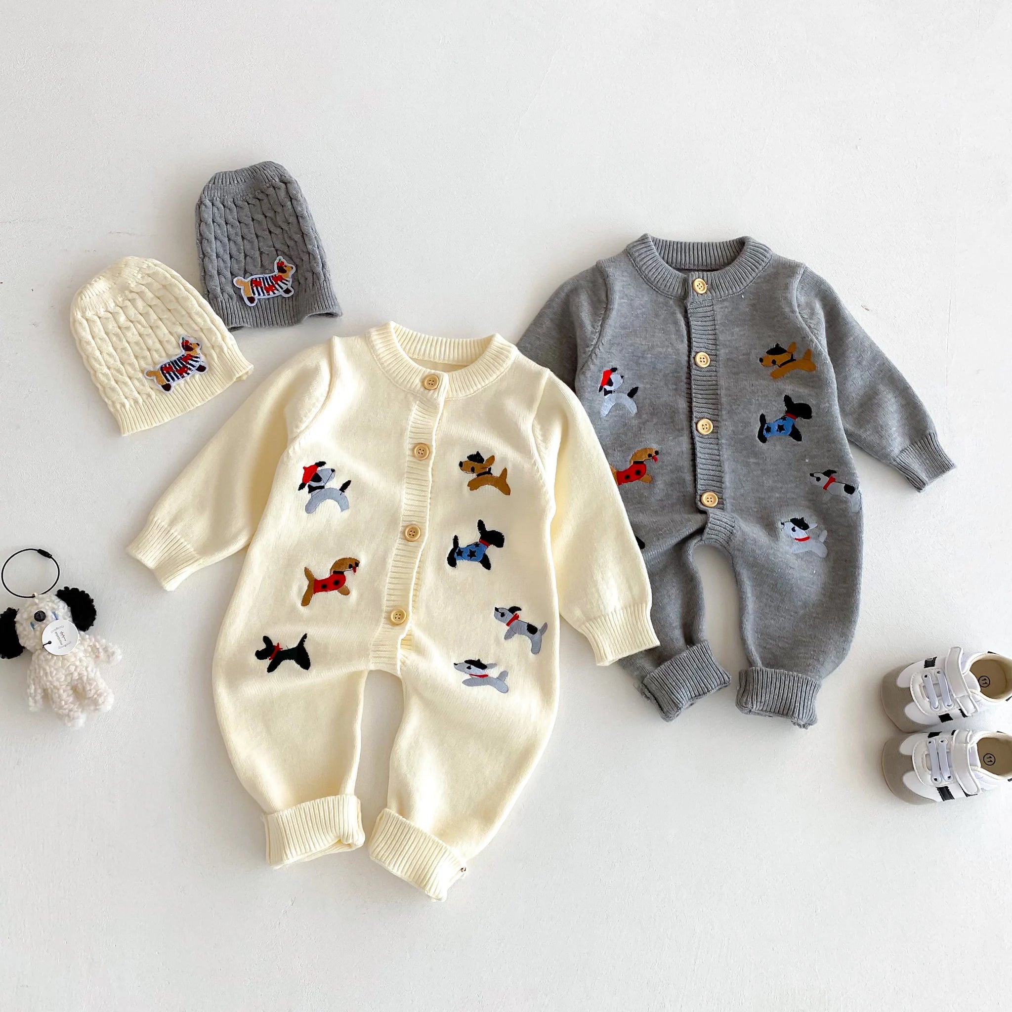 Baby Knitted Romper with Cute Dog Pattern – Autumn Outfit