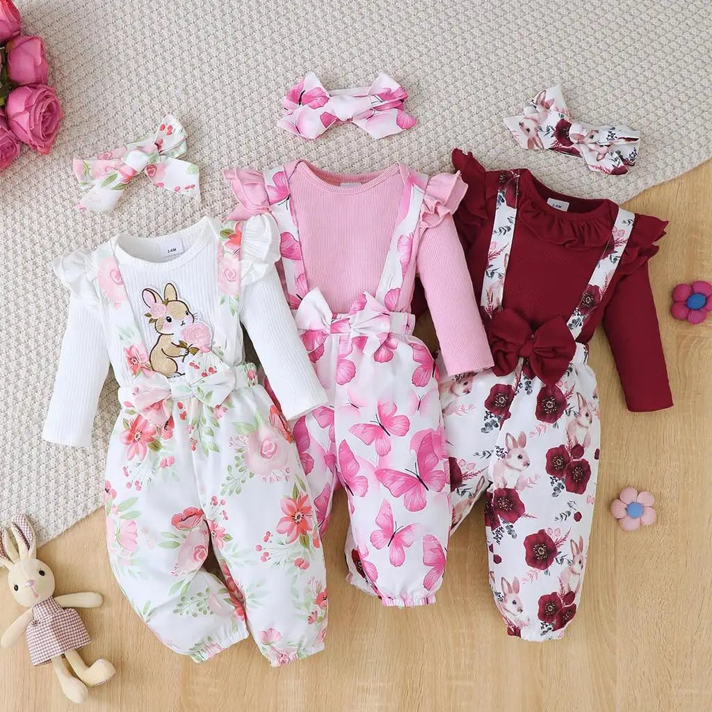 Spring Baby Rompers Baby Girl Spring Long Sleeve Romper, Floral Strap Pants and Headbands