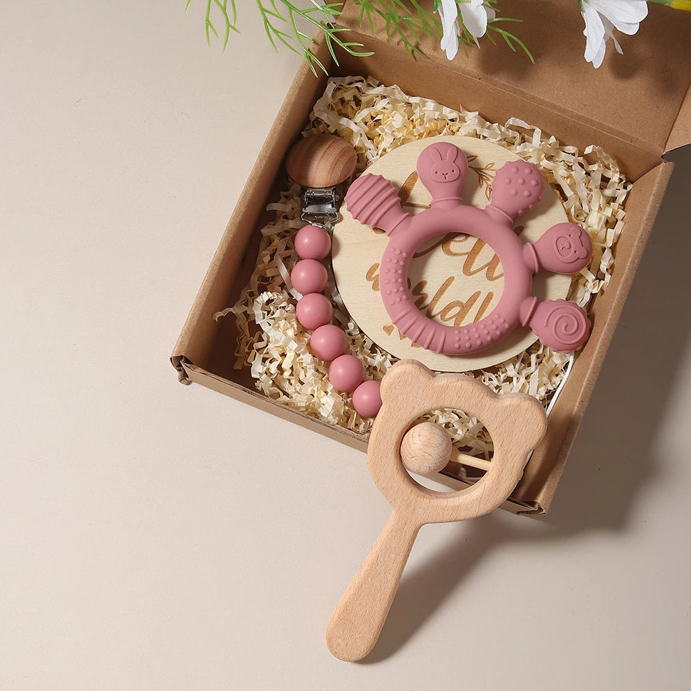 Newborn Baby Gift Set with Teether, Pacifier Chain and Wooden Bear Rat