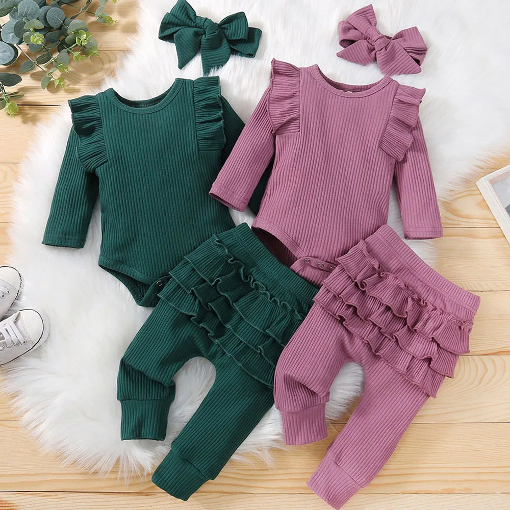 Elegant Newborn Baby Girl Outfit – Ruffle Romper, Pants & Bow Headband