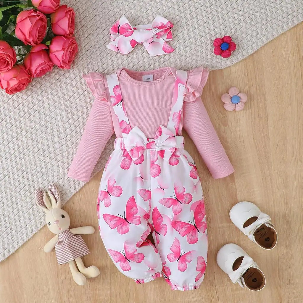 Spring Baby Rompers Baby Girl Spring Long Sleeve Romper, Floral Strap Pants and Headbands
